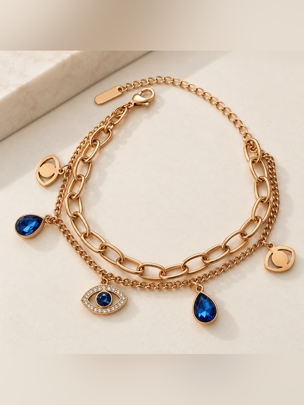 18k Gold-Plated Bracelet with Blue Crystal Charms Stainless Steel